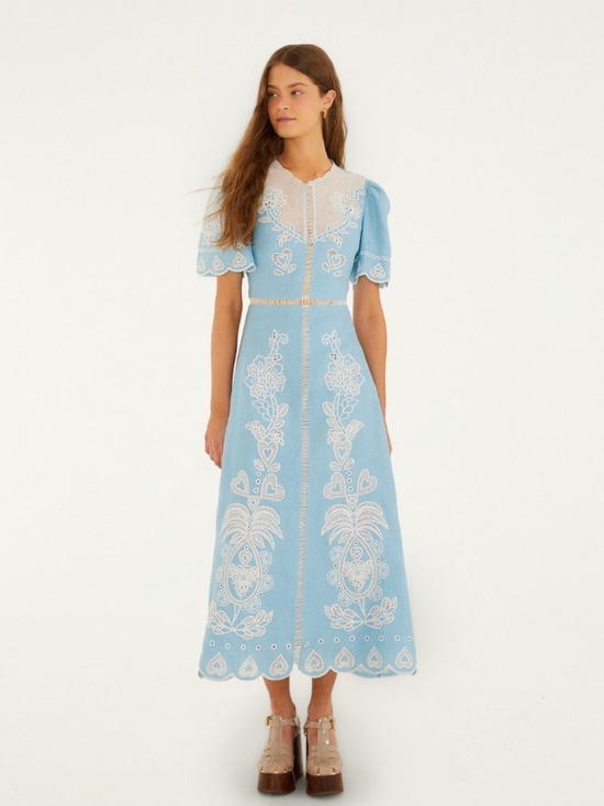 FARM Rio Dresses & Skirts - Embroidered Euroflax Premium Linene Midi Dress ~ Light Blue